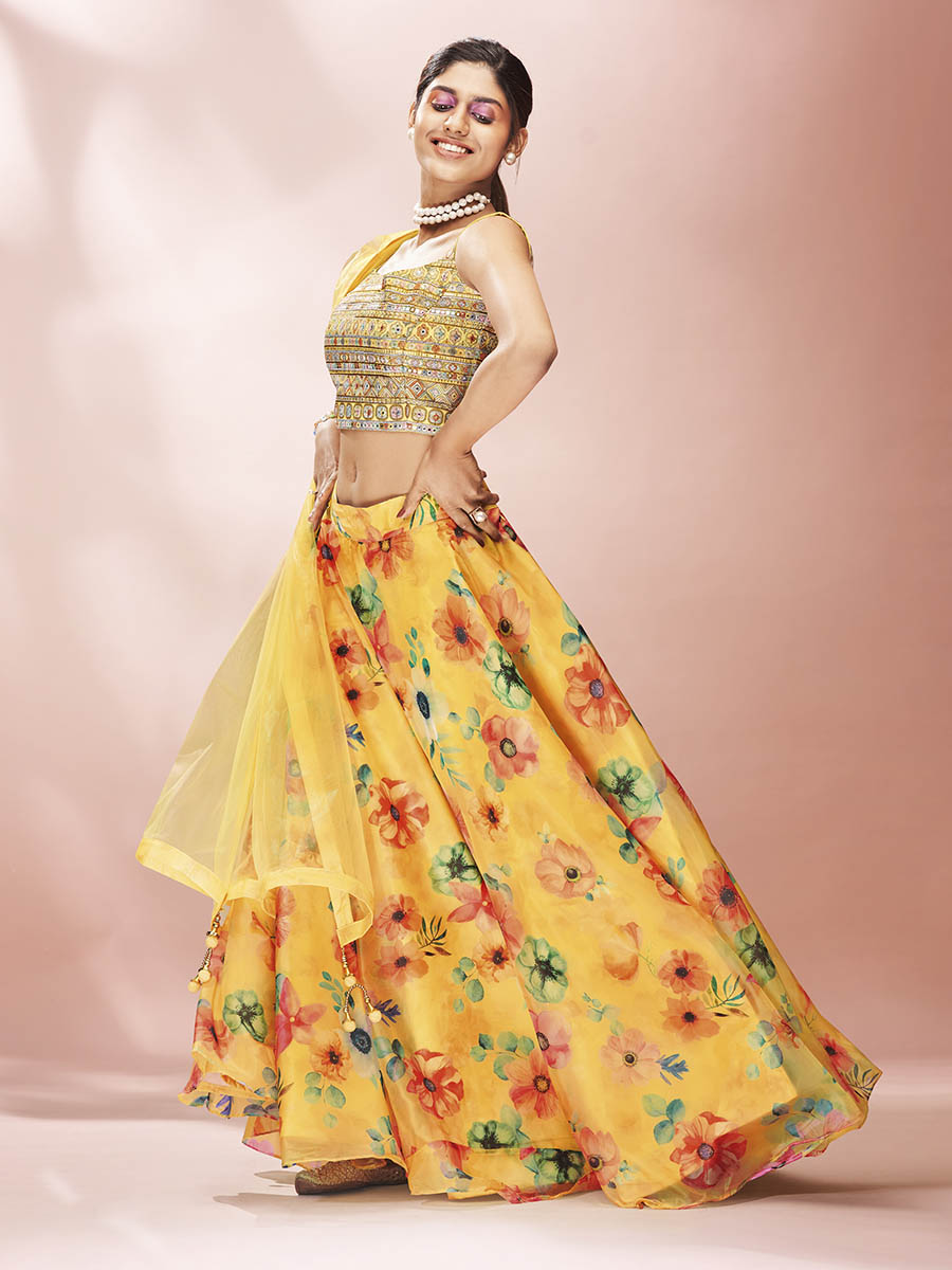 Myra Yellow Art Silk Embroidered Mirror Work Lehenga
