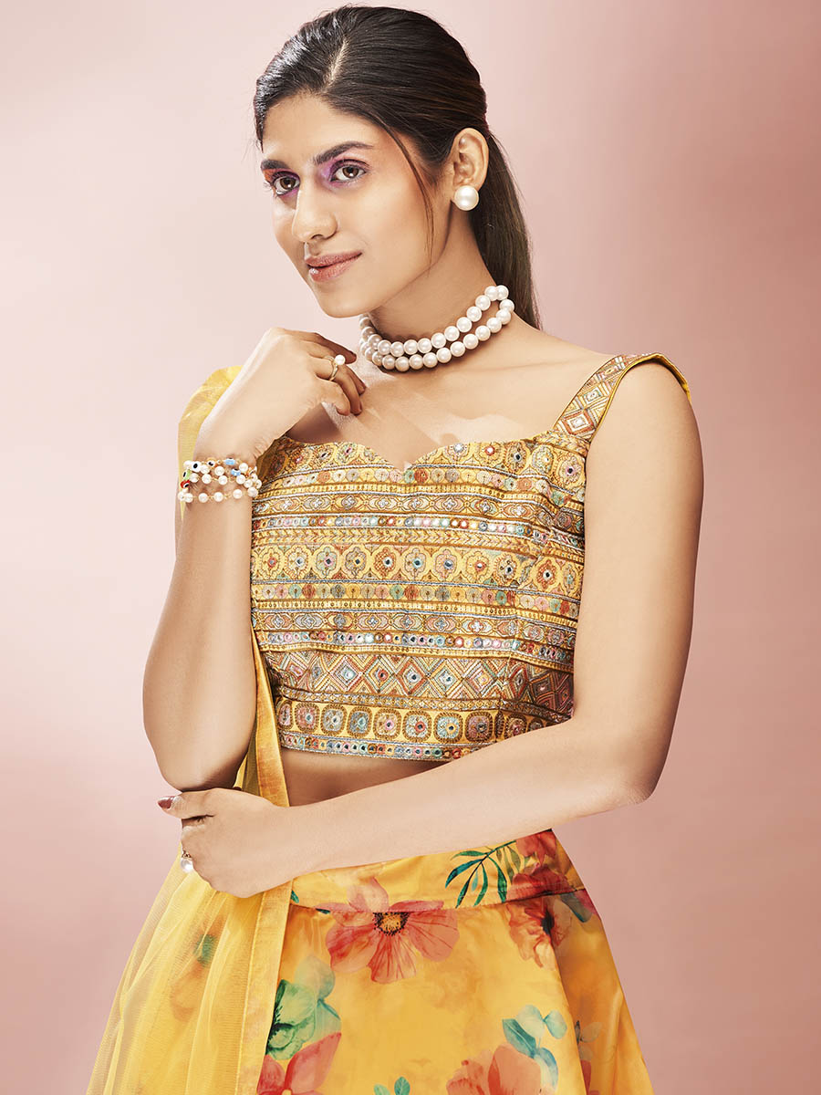 Myra Yellow Art Silk Embroidered Mirror Work Lehenga
