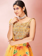 Myra Yellow Art Silk Embroidered Mirror Work Lehenga