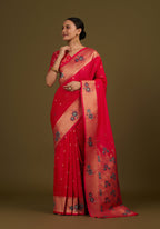 Monjolika Fashion Pink Woven Silk Blend SareeWith Zari Work & Floral Motifs - Distacart