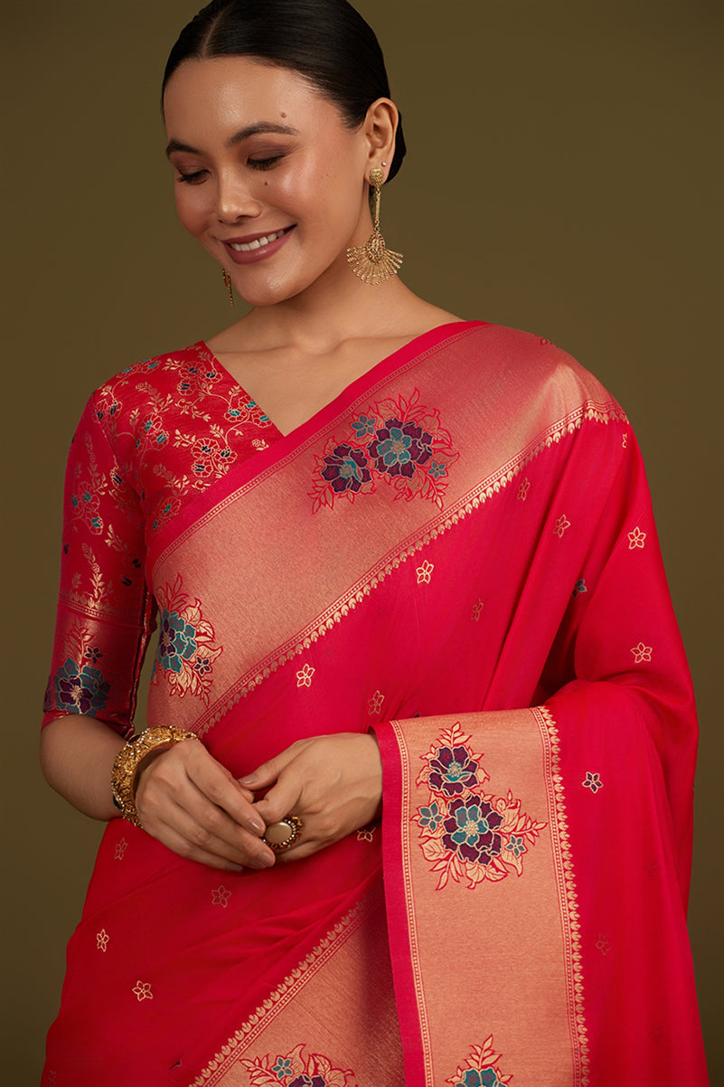 Monjolika Fashion Pink Woven Silk Blend SareeWith Zari Work & Floral Motifs - Distacart