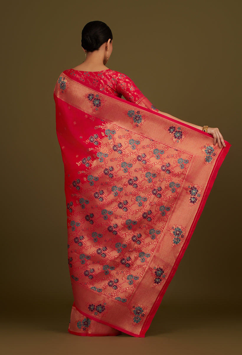 Monjolika Fashion Pink Woven Silk Blend SareeWith Zari Work & Floral Motifs - Distacart