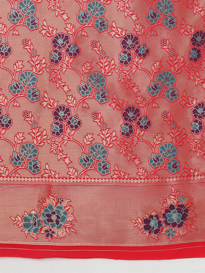 Monjolika Fashion Pink Woven Silk Blend SareeWith Zari Work & Floral Motifs - Distacart