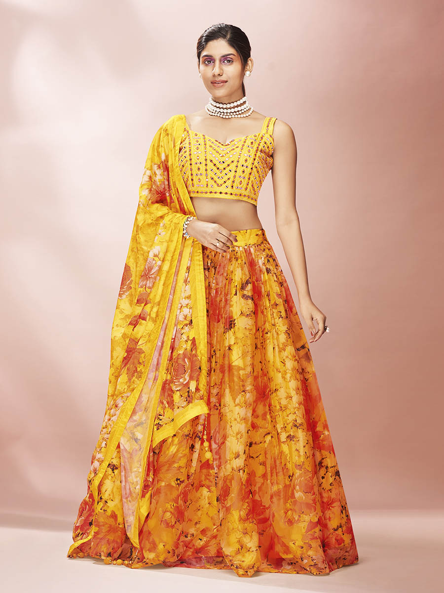 Myra Yellow Art Silk Embroidered Mirror Work Lehenga
