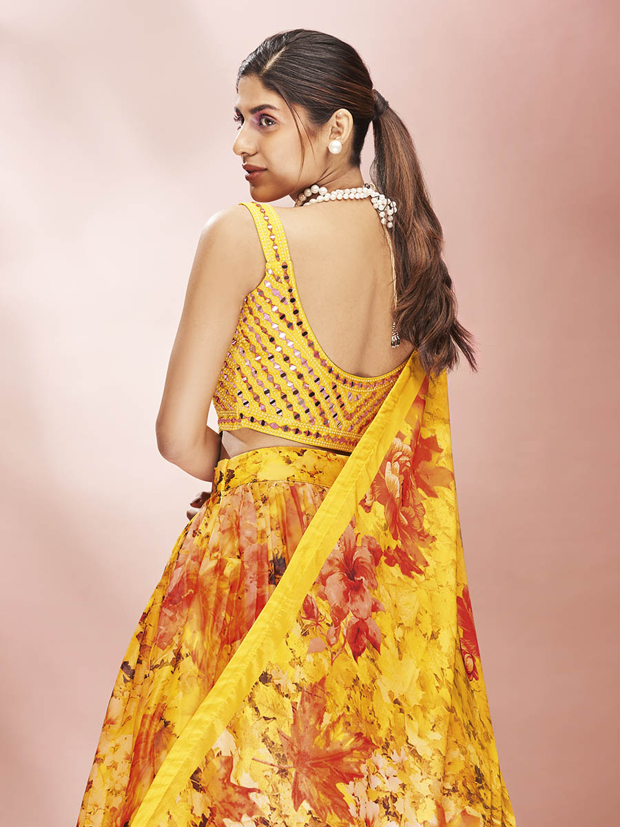 Myra Yellow Art Silk Embroidered Mirror Work Lehenga For Women