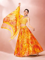 Myra Yellow Art Silk Embroidered Mirror Work Lehenga For Women