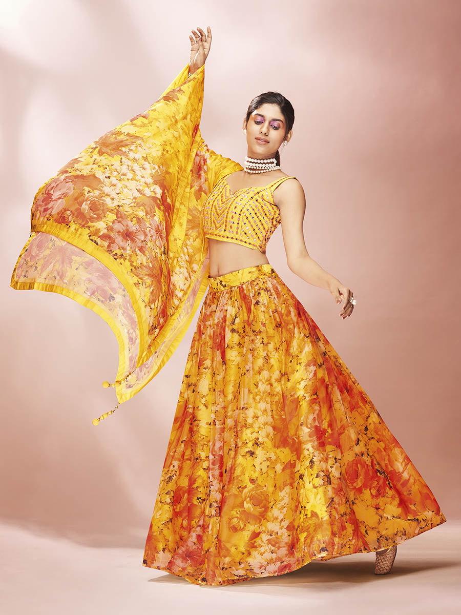 Myra Yellow Art Silk Embroidered Mirror Work Lehenga For Women