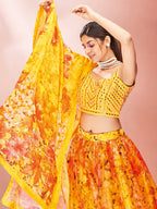 Myra Yellow Art Silk Embroidered Mirror Work Lehenga For Women