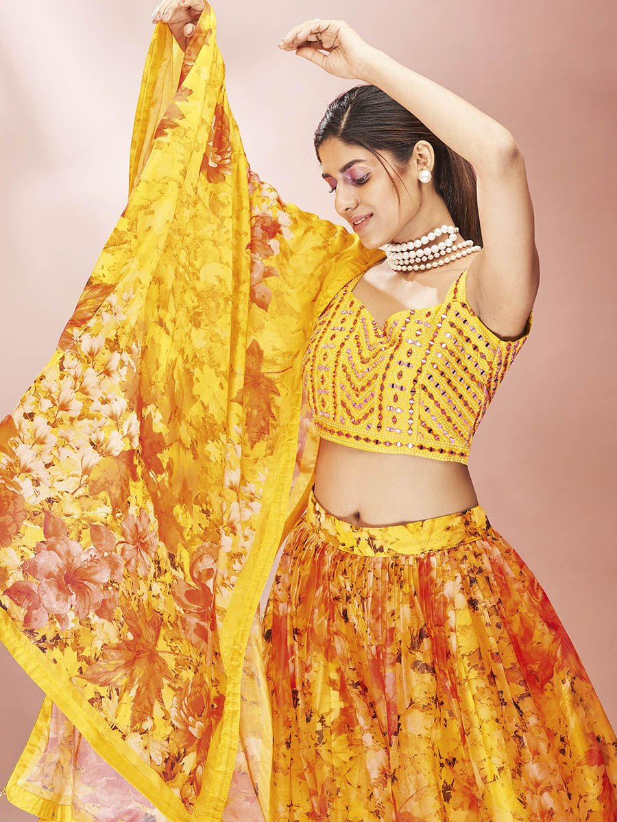 Myra Yellow Art Silk Embroidered Mirror Work Lehenga For Women