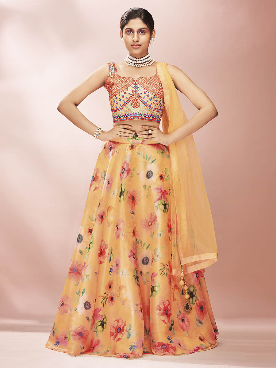 Myra Mustard Art Silk Embroidered Mirror Work Lehenga