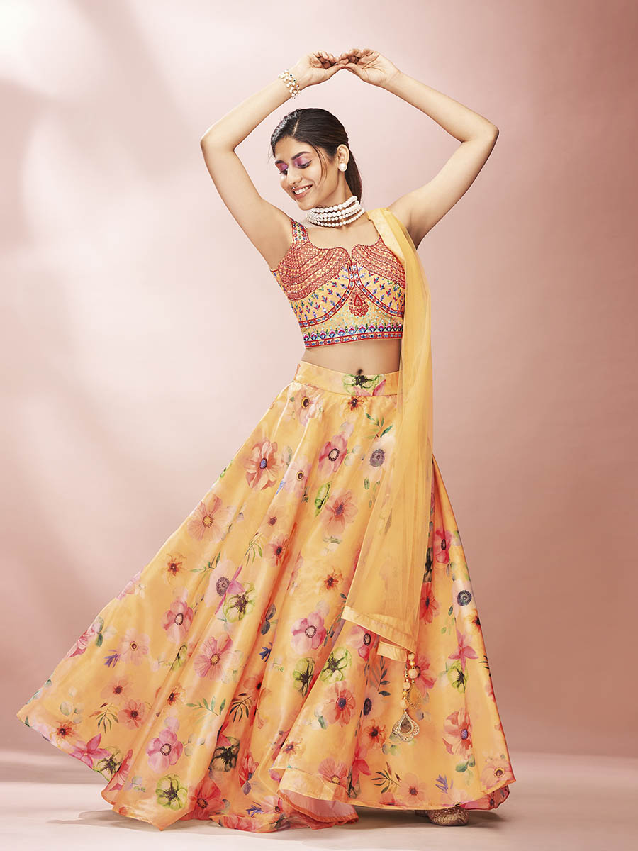 Myra Mustard Art Silk Embroidered Mirror Work Lehenga - Distacart