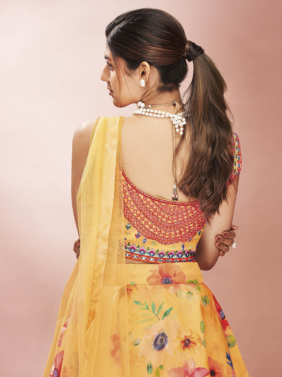 Myra Mustard Art Silk Embroidered Mirror Work Lehenga