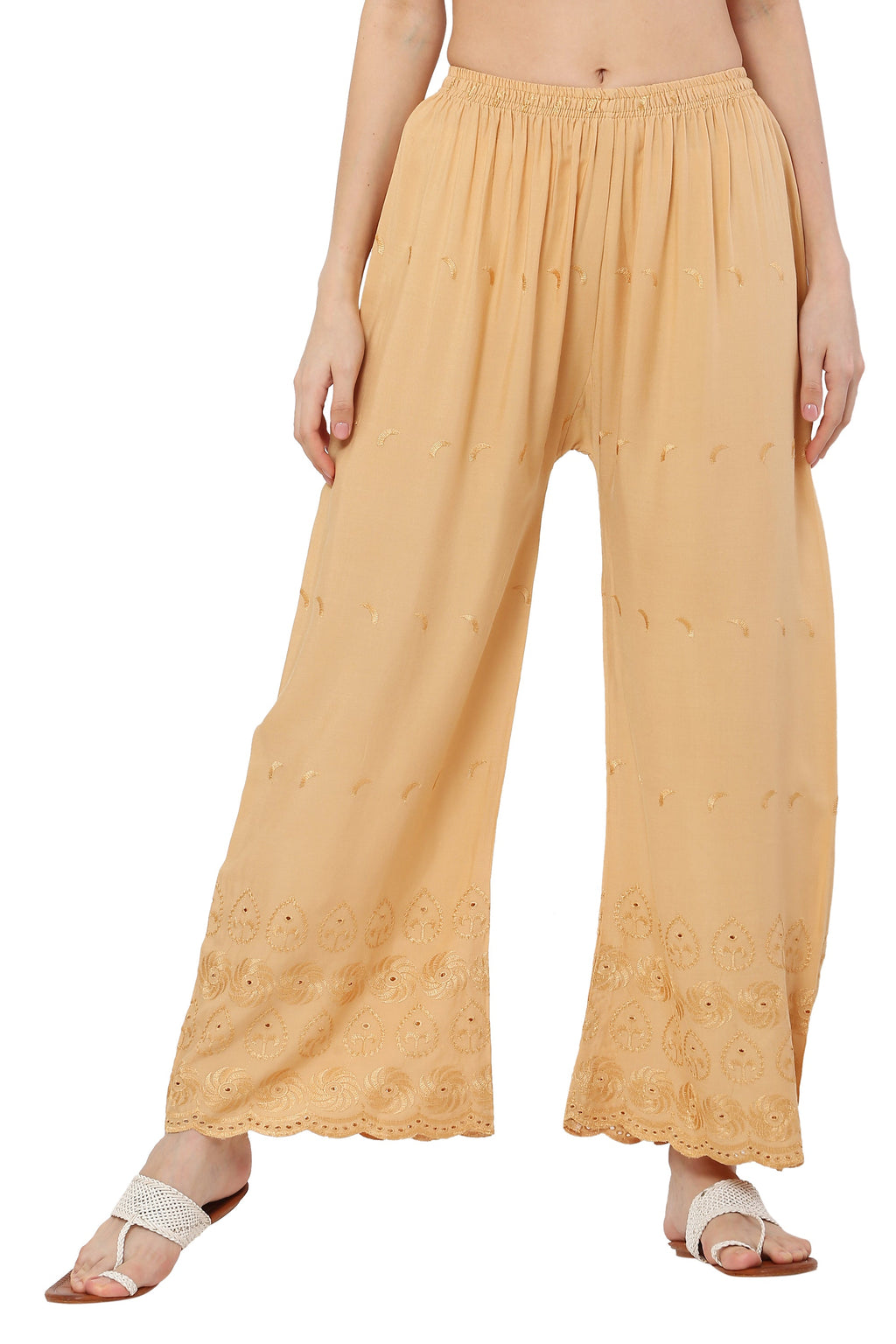 PAVONINE Beige Color Half Schiffli Chikankari Rayon Fabric Palazzo For Women - Distacart