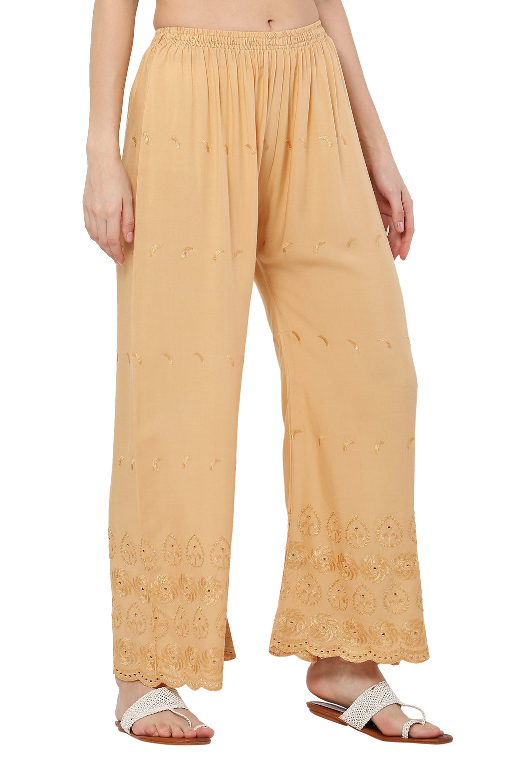 PAVONINE Beige Color Half Schiffli Chikankari Rayon Fabric Palazzo For Women - Distacart