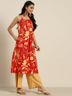 Sangria Women Red & Yellow Quirky Printed Kurta with Palazzos & Dupatta
