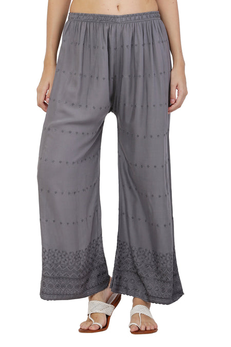 PAVONINE Grey Color Half Schiffli Chikankari Rayon Fabric Palazzo For Women