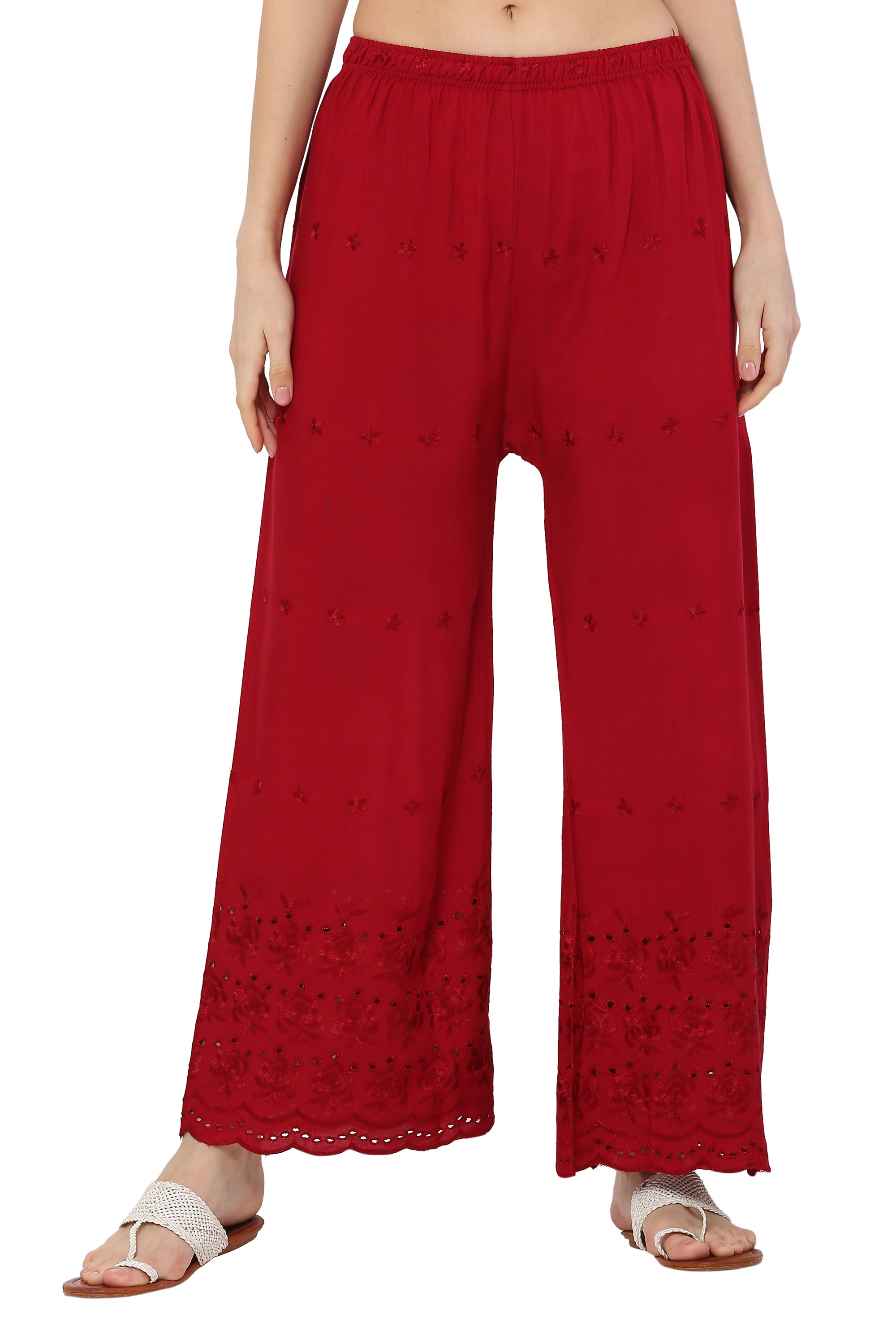 PAVONINE Maroon Color Half Schiffli Chikankari Rayon Fabric Sharara For Women - Distacart