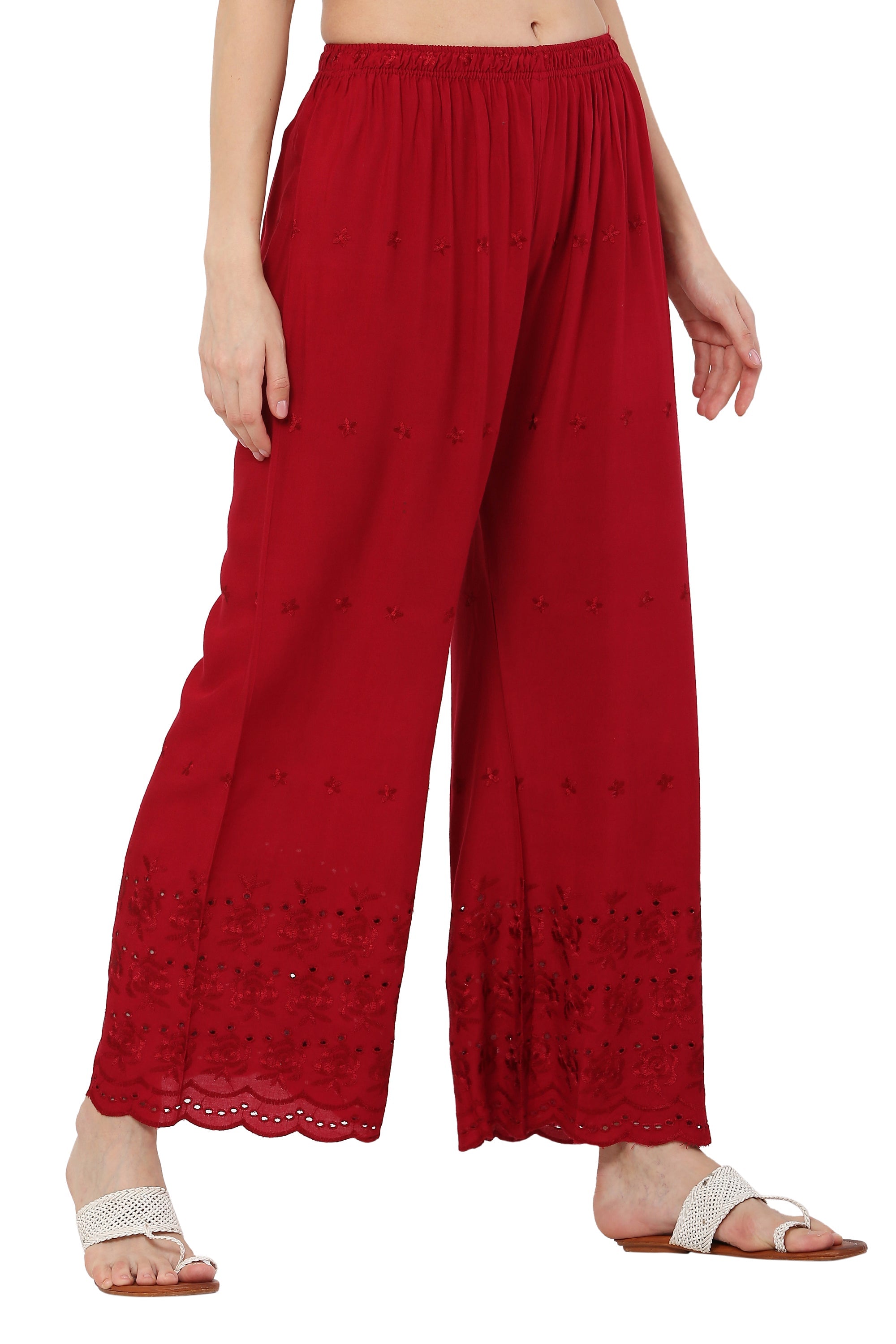PAVONINE Maroon Color Half Schiffli Chikankari Rayon Fabric Sharara For Women - Distacart