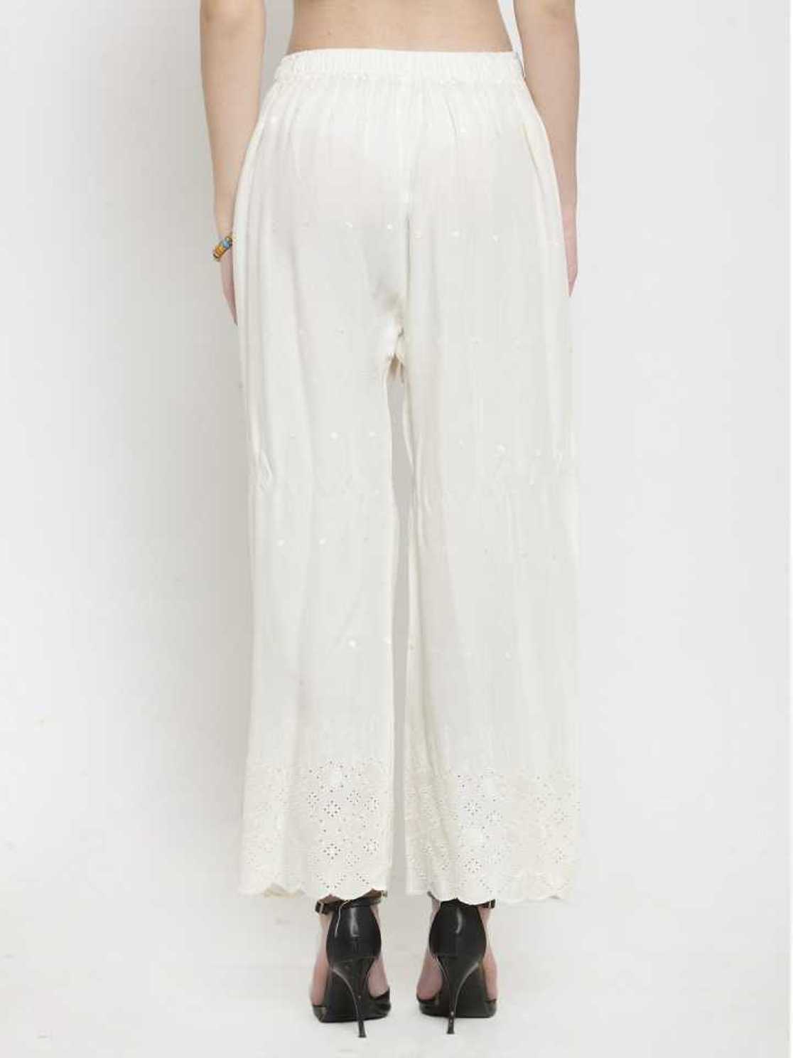 PAVONINE Off-White Color Half Schiffli Chikankari Rayon Fabric Palazzo For Women - Distacart