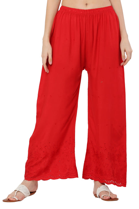 PAVONINE Red Color Half Schiffli Chikankari Rayon Fabric Palazzo For Women