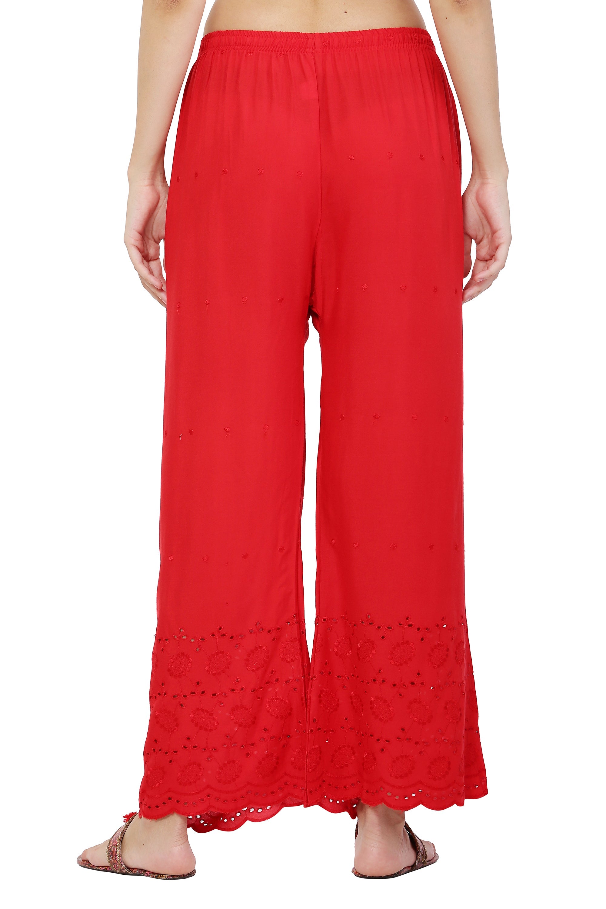 PAVONINE Red Color Half Schiffli Chikankari Rayon Fabric Palazzo For Women - Distacart