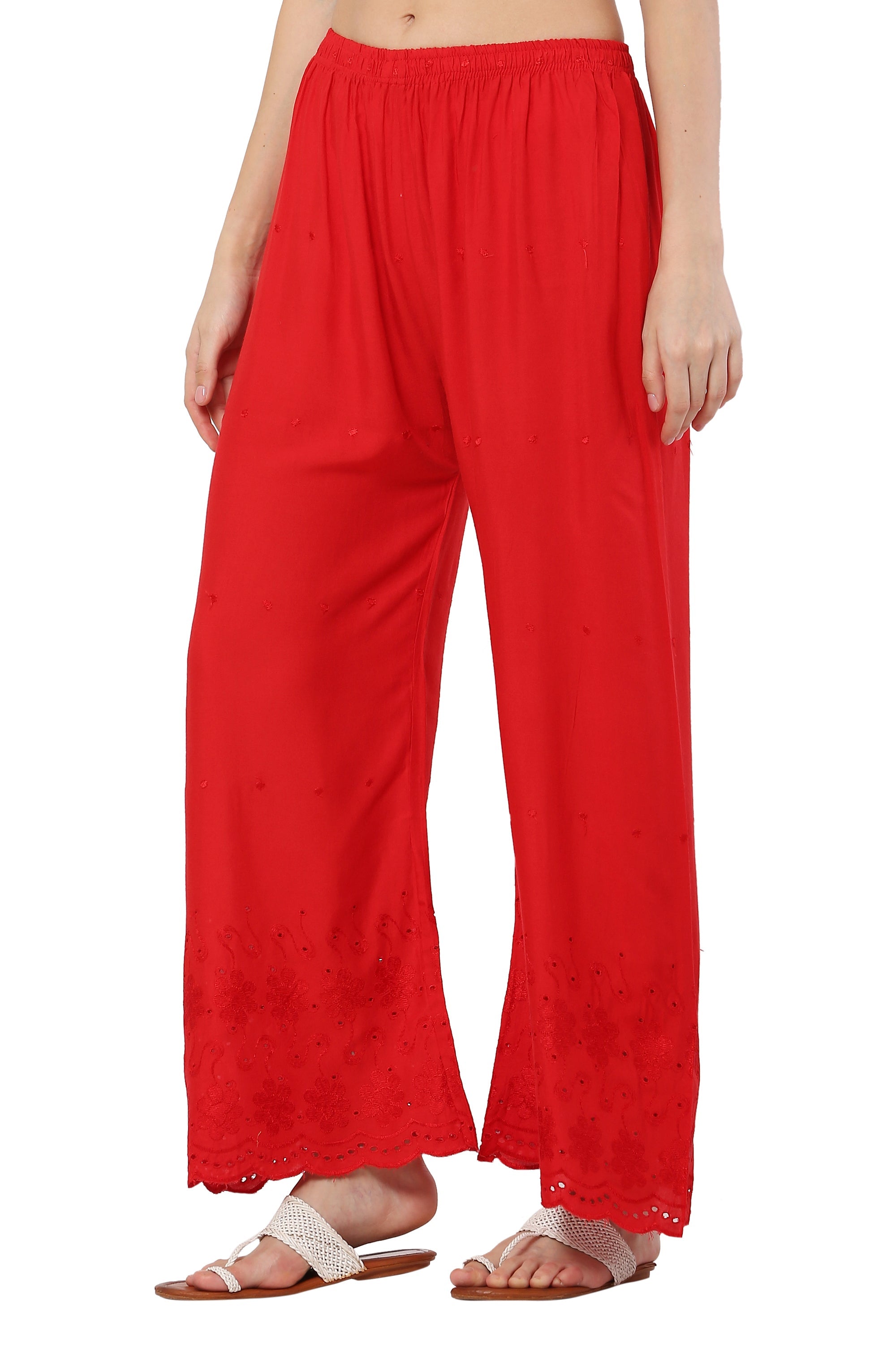PAVONINE Red Color Half Schiffli Chikankari Rayon Fabric Palazzo For Women - Distacart
