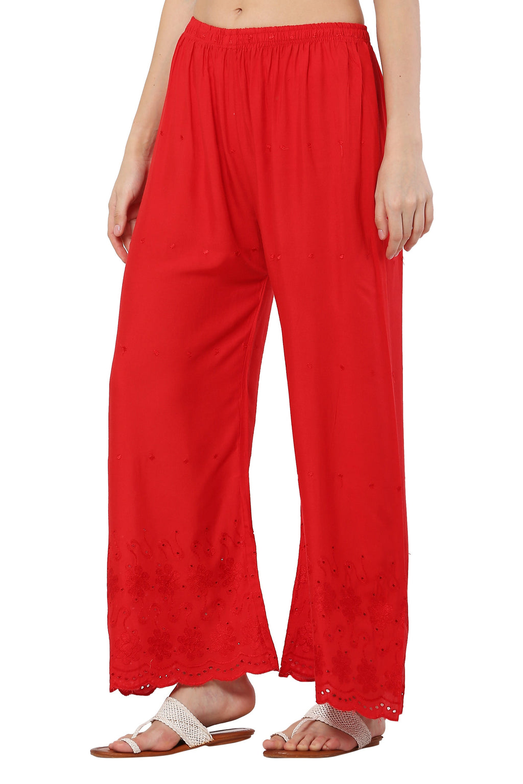 PAVONINE Red Color Half Schiffli Chikankari Rayon Fabric Sharara For Women - Distacart