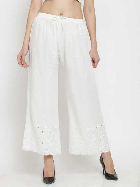 PAVONINE White Color Half Schiffli Chikankari Rayon Fabric Palazzo For Women