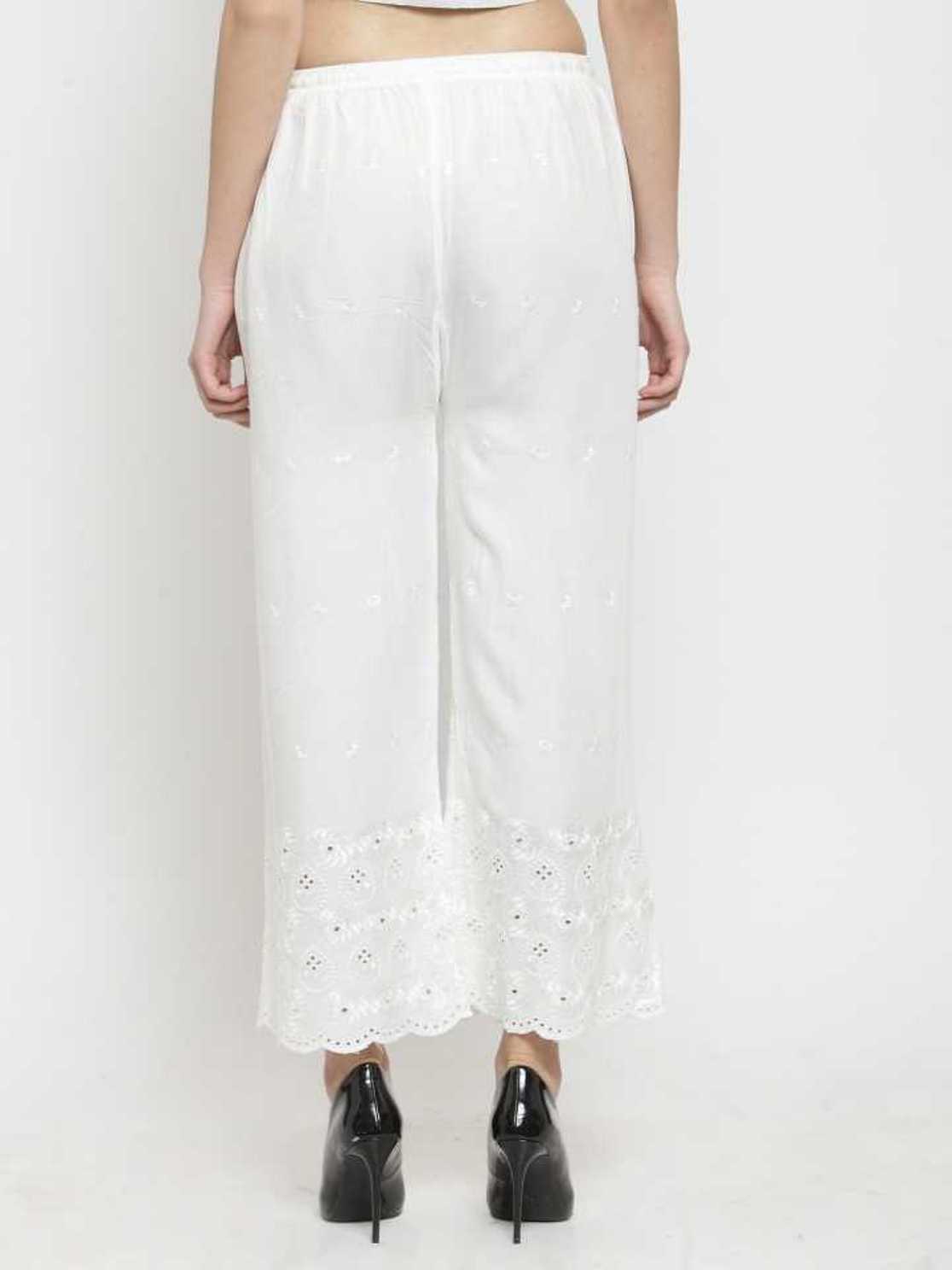 PAVONINE White Color Half Schiffli Chikankari Rayon Fabric Palazzo For Women - Distacart