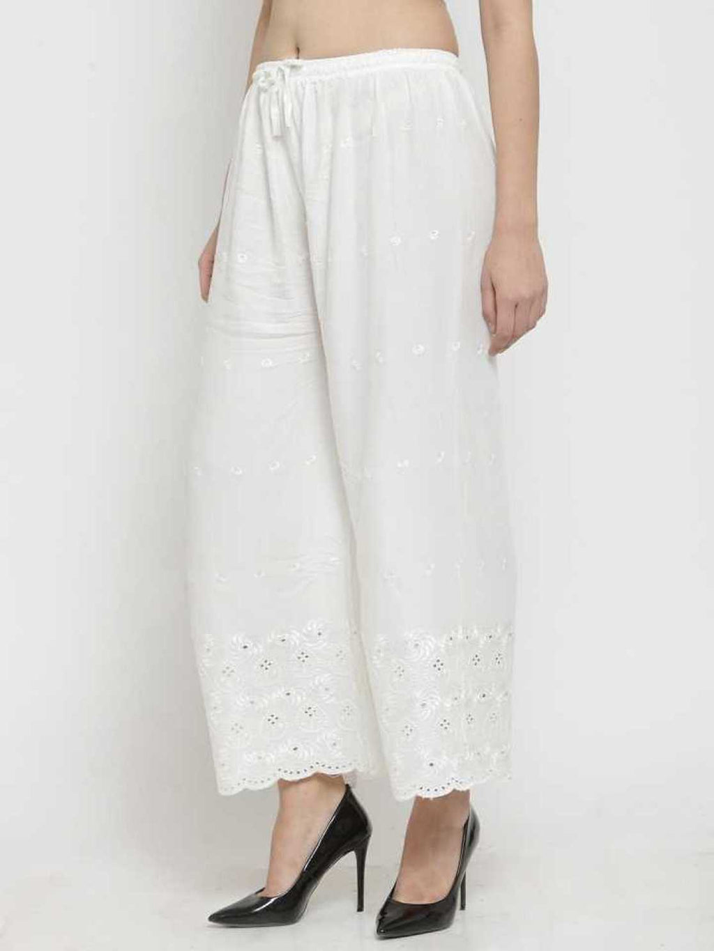 PAVONINE White Color Half Schiffli Chikankari Rayon Fabric Palazzo For Women - Distacart