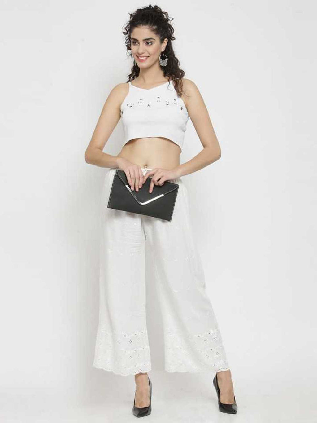 PAVONINE White Color Half Schiffli Chikankari Rayon Fabric Palazzo For Women - Distacart