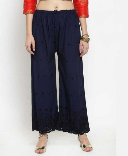 PAVONINE Navy Blue Color Half Schiffli Chikankari Rayon Fabric Palazzo For Women