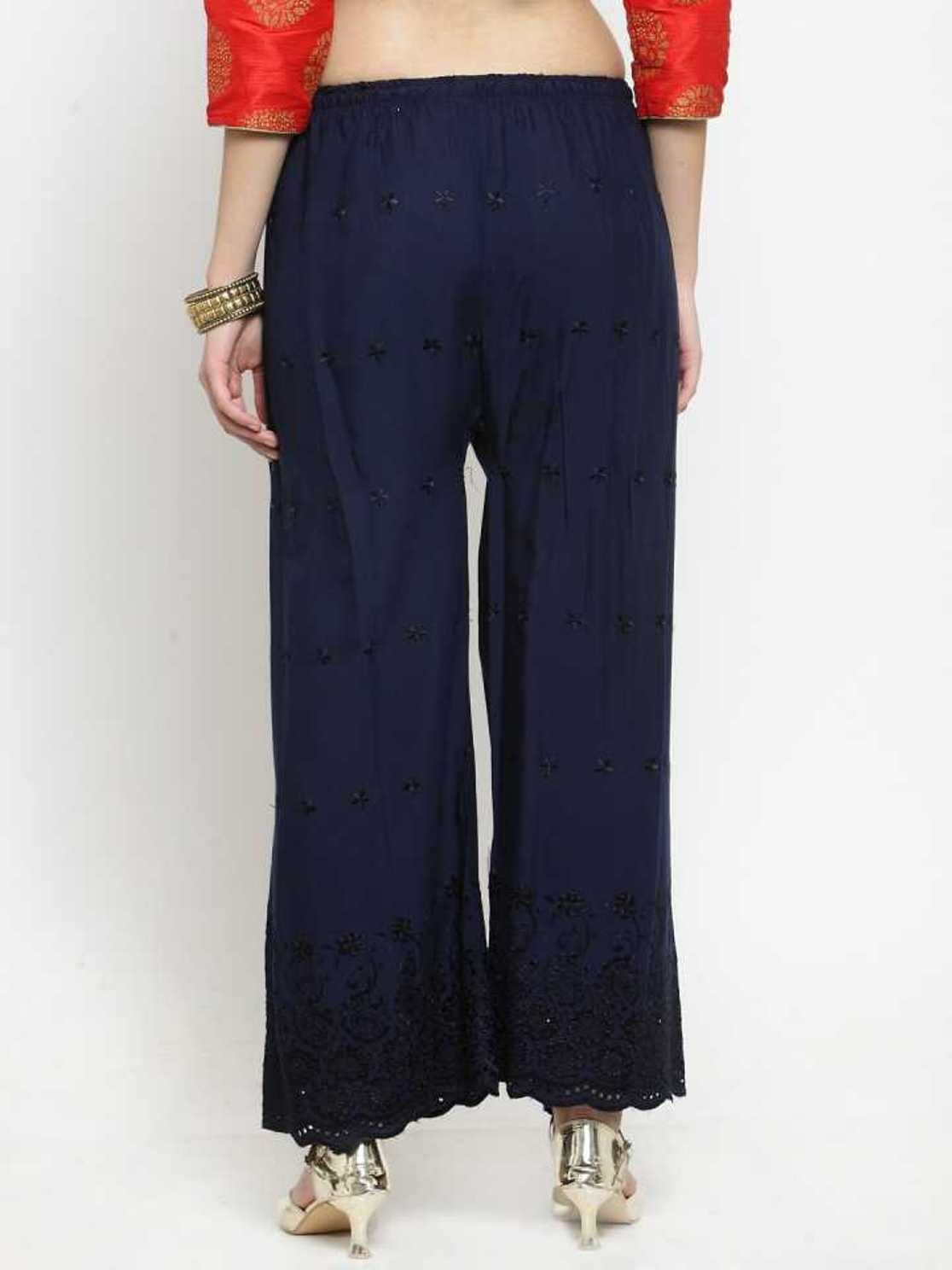 PAVONINE Navy Blue Color Half Schiffli Chikankari Rayon Fabric Palazzo For Women - Distacart