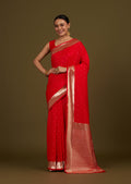 Monjolika Fashion Red Woven Silk Blend SareeWith Zari Work & Floral Motifs - Distacart