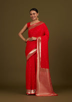 Monjolika Fashion Red Woven Silk Blend SareeWith Zari Work & Floral Motifs - Distacart