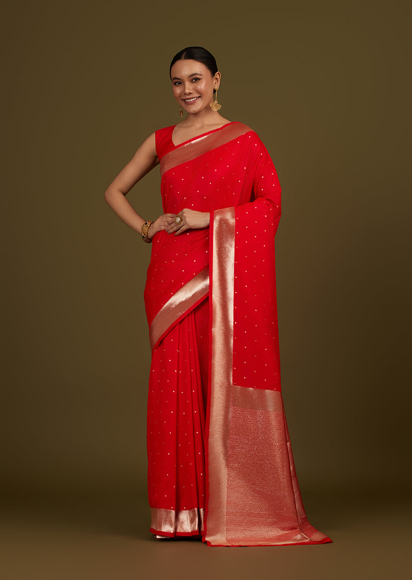 Monjolika Fashion Red Woven Silk Blend SareeWith Zari Work & Floral Motifs - Distacart