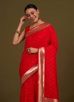 Monjolika Fashion Red Woven Silk Blend SareeWith Zari Work & Floral Motifs - Distacart