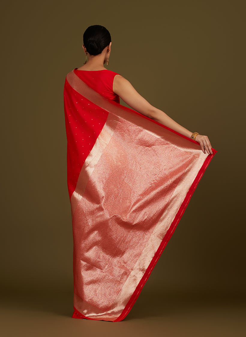 Monjolika Fashion Red Woven Silk Blend SareeWith Zari Work & Floral Motifs - Distacart
