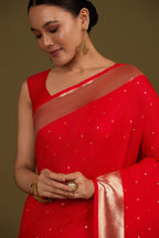 Monjolika Fashion Red Woven Silk Blend SareeWith Zari Work & Floral Motifs - Distacart