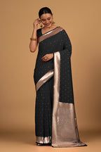 Monjolika Fashion Black Color Elegant Banarasi Silk SareeWith Gold Zari Weaving Work - Distacart
