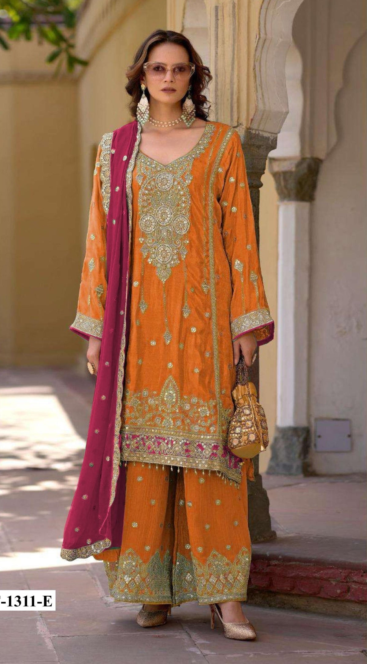 Anaita Orange Heavy Chinon Suit With Embroidery Bits Work - Distacart