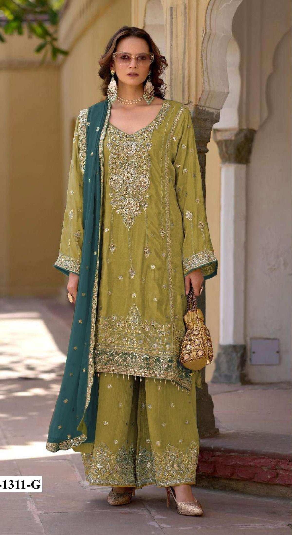 Anaita Green Heavy Chinon Suit With Embroidery Bits Work - Distacart