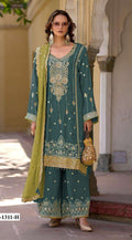 Anaita Teal Green Heavy Chinon Suit With Embroidery Bits Work - Distacart