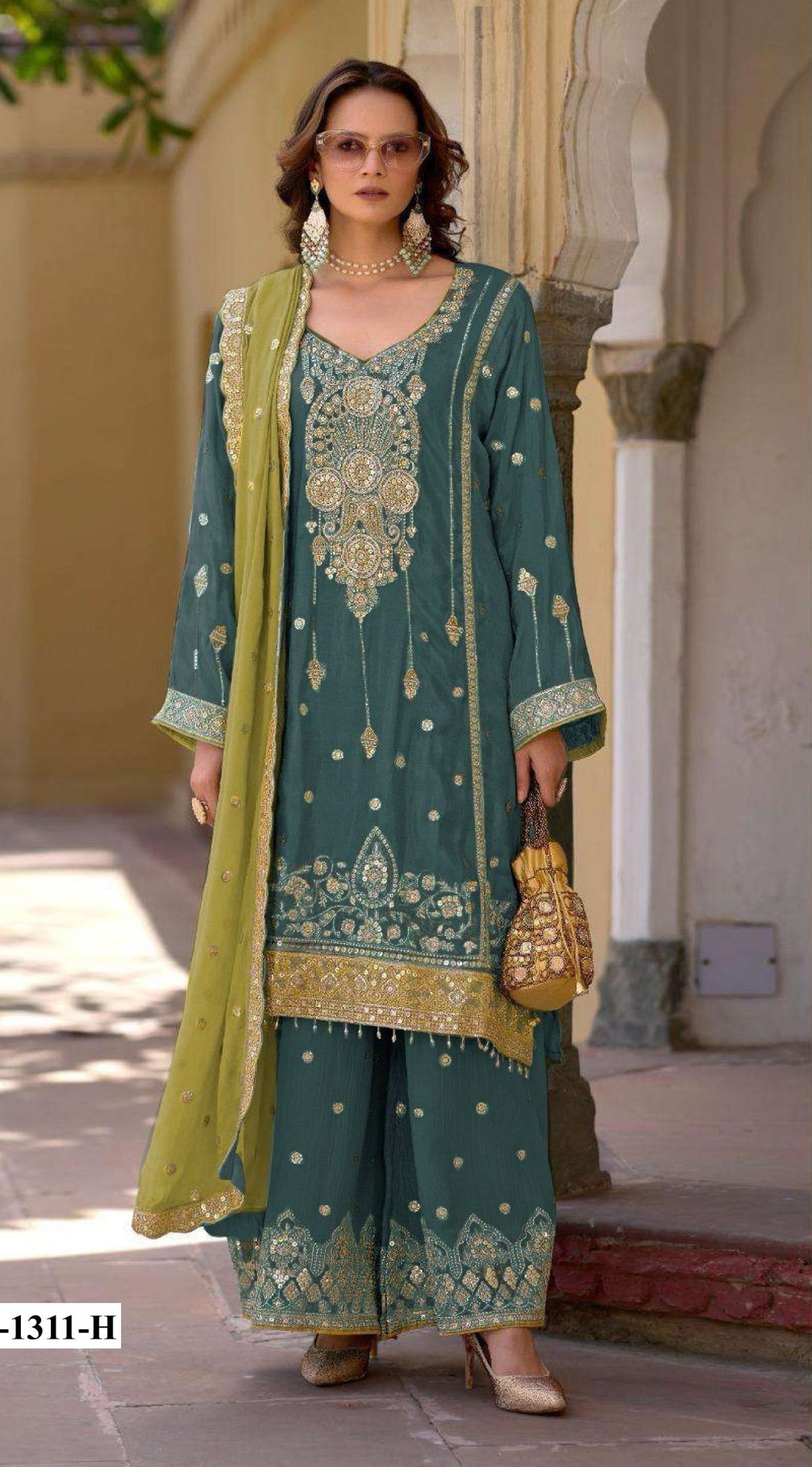 Anaita Teal Green Heavy Chinon Suit With Embroidery Bits Work - Distacart