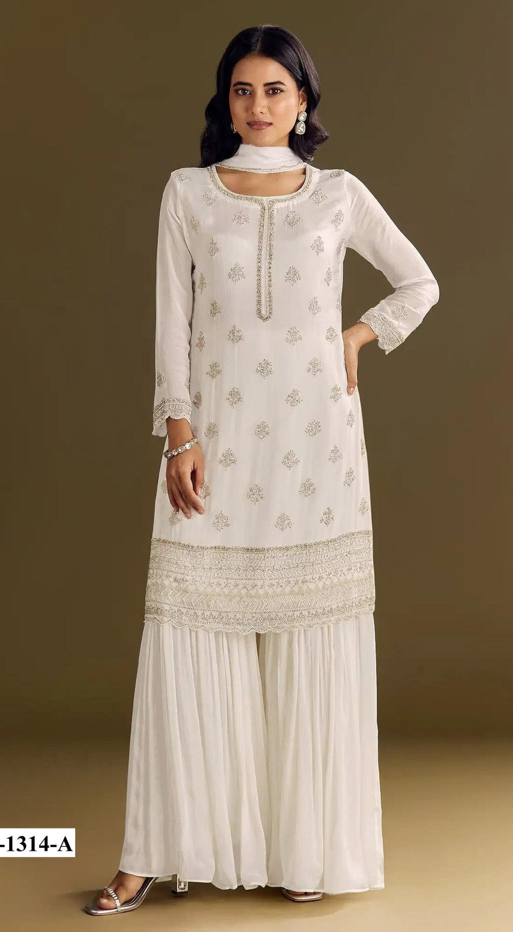 Anaita White Heavy Chinon Suit With Embroidery Bits Work - Distacart