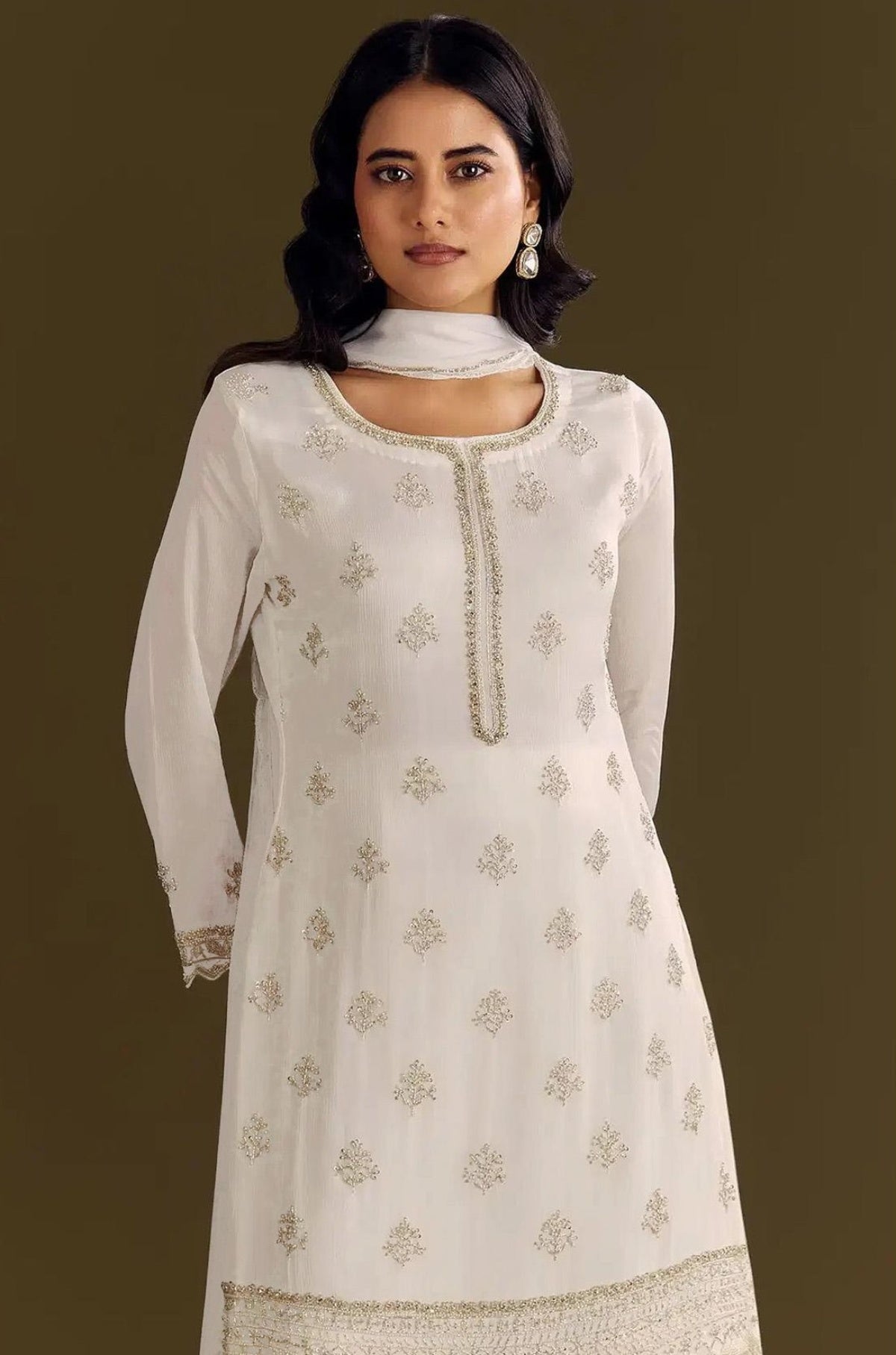 Anaita White Heavy Chinon Suit With Embroidery Bits Work - Distacart