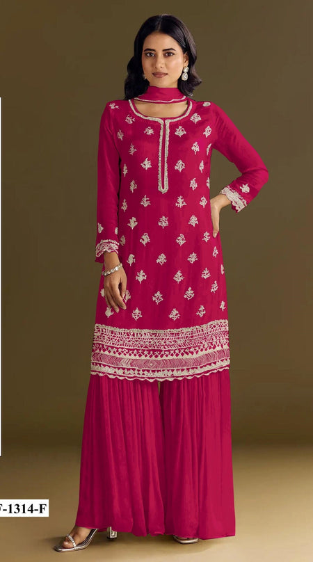 Anaita Red Heavy Chinon Suit With Embroidery Bits Work