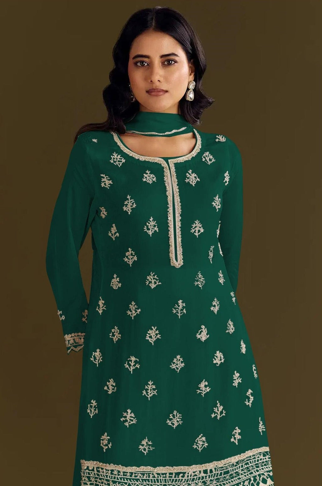 Anaita Dark Green Heavy Chinon Suit With Embroidery Bits Work - Distacart