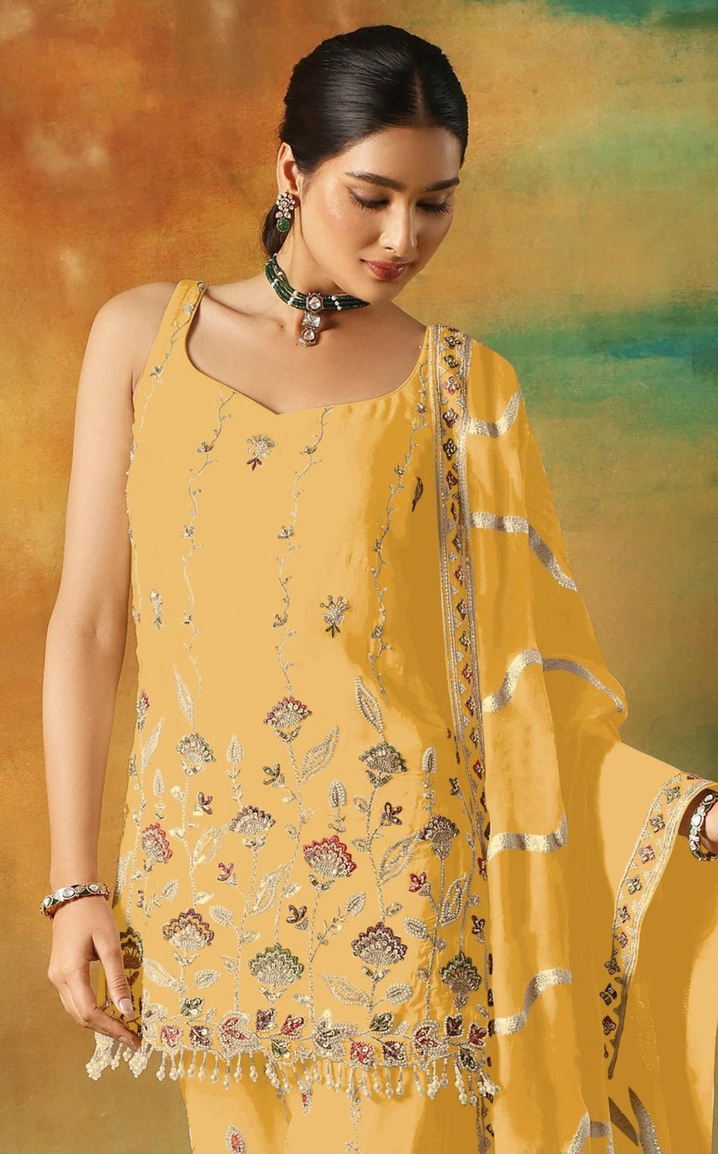 Anaita Yellow Heavy Fox Georgette Suit With Embroidery Work - Distacart