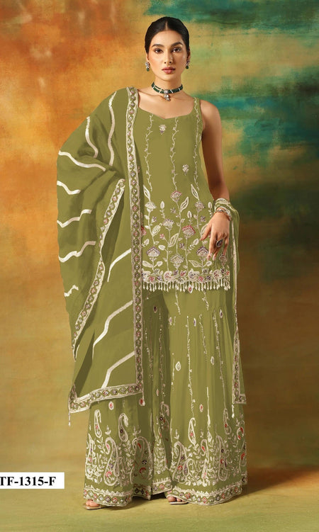 Anaita Parrot Green Heavy Fox Georgette Suit With Embroidery Work